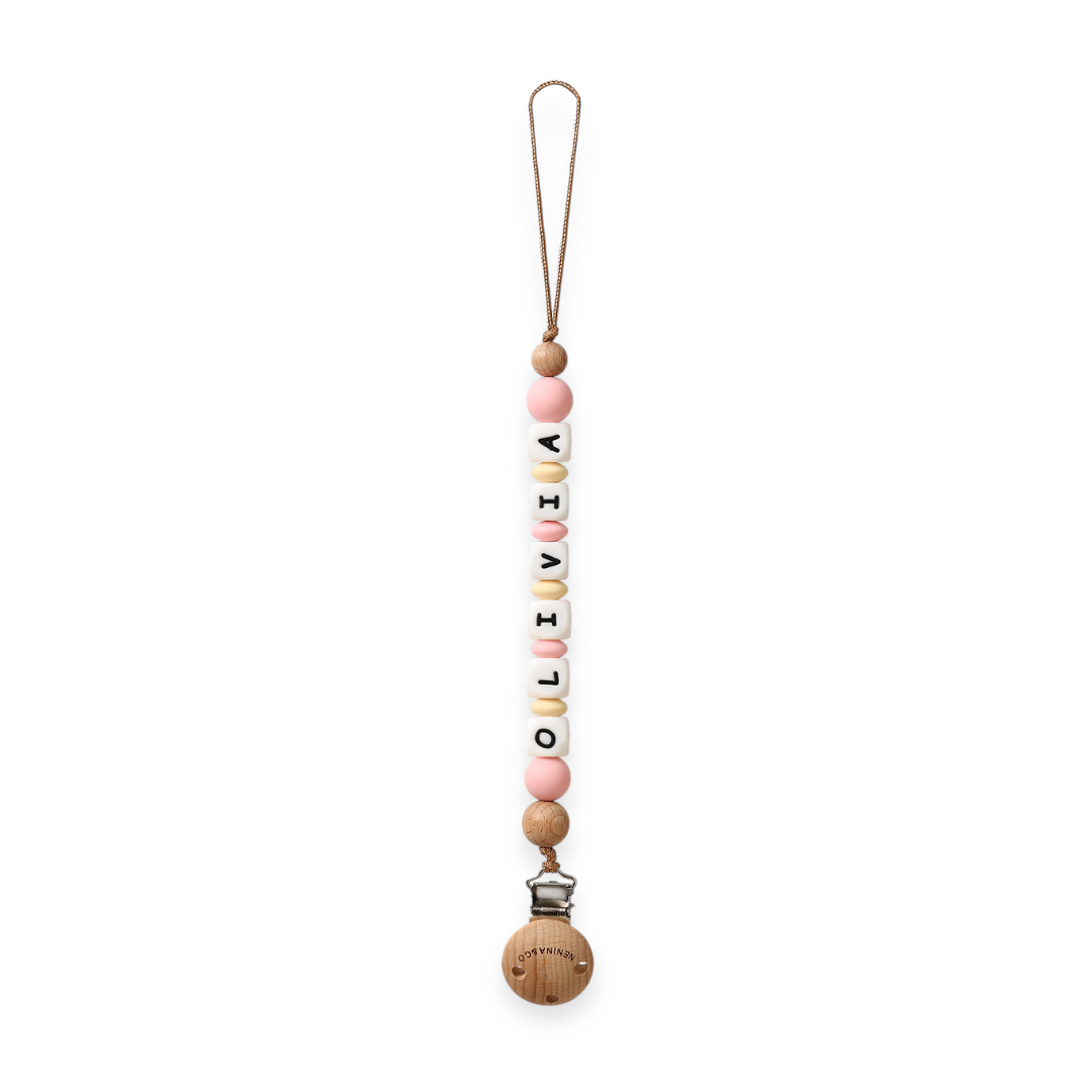 Chupetero Personalizado Rosa pálido con Nombre en Silicona Orgánica | Nenina & Co. 