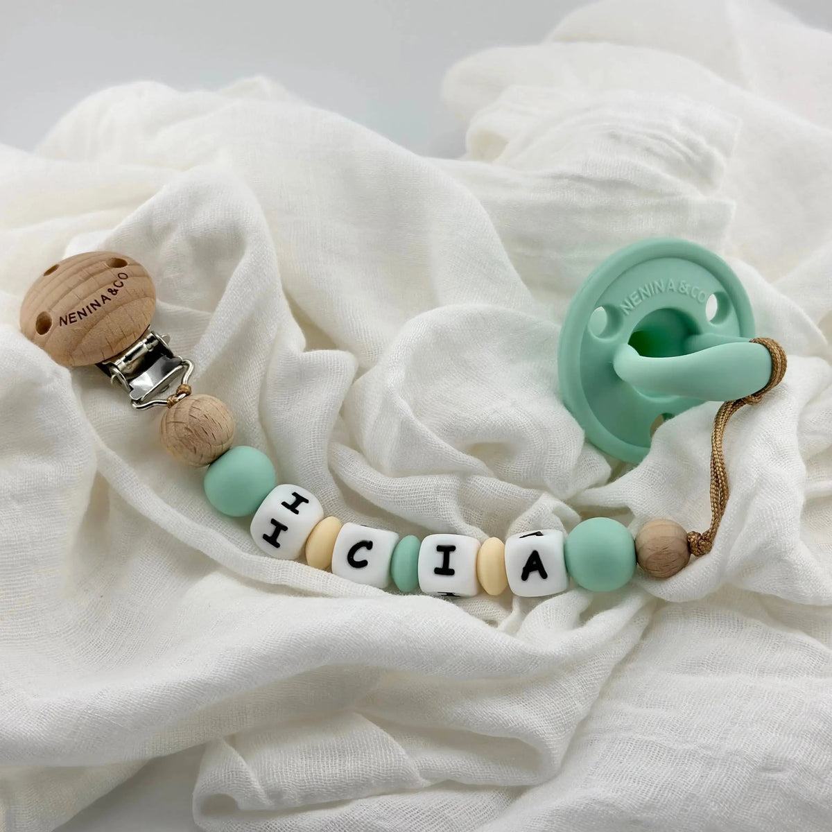 Kit Chupete Clásico Mint de Silicona + Chupetero con Nombre | Nenina & Co. 