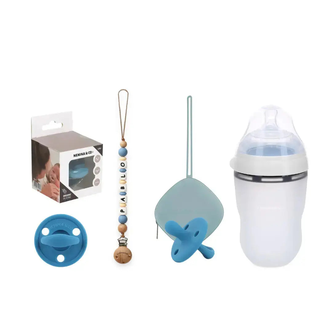 Kit Chupete Clásico Dusty Blue de Silicona + Chupetero con Nombre y Guardachupetes | Nenina & Co. 